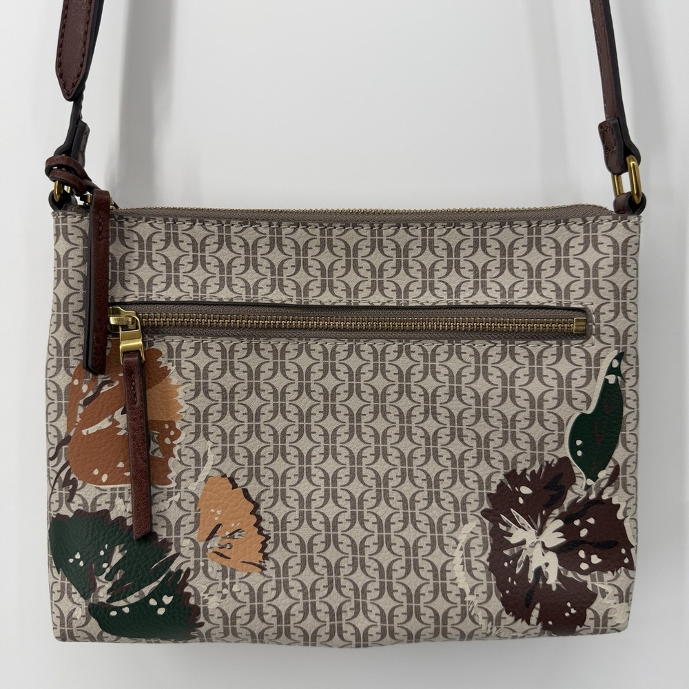 Fossil Fiona Crossbody‎ Bag Purse Satchel Brown Cream Floral Boho - Picture 3 of 14